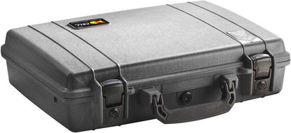 The black 1470 Protector Laptop Case is a hard-shell PELI case with two latches, a central handle, and a small label on the lid, providing rugged protection and secure storage for your laptop.
