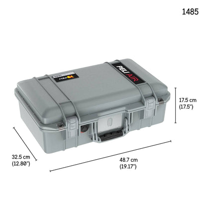 The 1485 Air Case is a gray hard-shell case with a handle, shown closed, and exterior dimensions of 48.7 x 32.5 x 17.5 cm (19.17 x 12.80 x 6.89 in), offering a lightweight solution for protecting your gear.