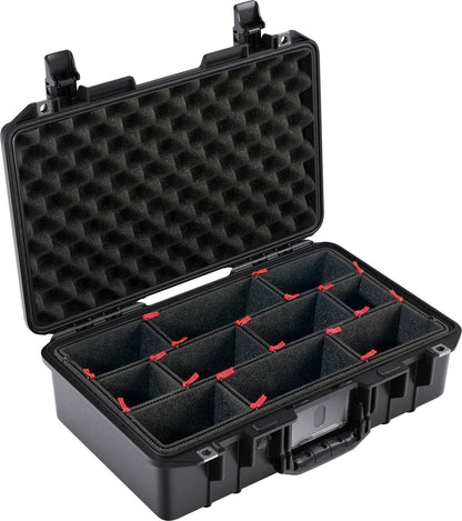 The 1485 Air Case is a lightweight hard case with foam padding and adjustable red dividers, offering portability and protection—inspired by PELI Air cases.