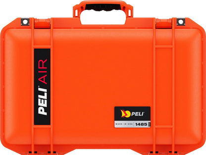 A closed orange 1485 Air Case with a black handle, black and white branding, and secure clasps is shown against a white background.