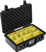The 1485 Air Case is a lightweight black hard case with an open lid, featuring yellow padded dividers and foam lining for protective storage.