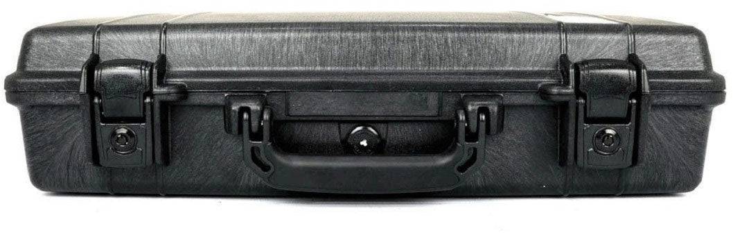 The 1490 Protector Laptop Case, shown closed in black with two latches and a central handle, is a rugged equipment case designed for secure, reliable protection, viewed from the front.