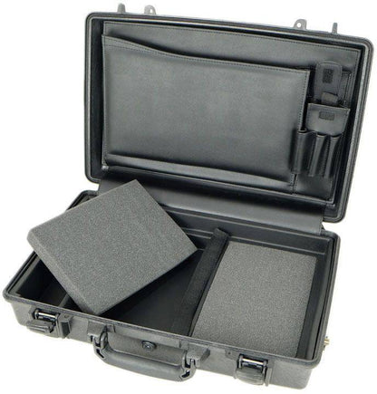 Open black 1490CC1 Protector Laptop Case with foam inserts and compartments for organized storage; this rugged case is perfect for securing your valuables.