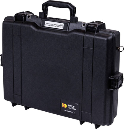 A black hard plastic PELI 1495 Protector Laptop Case with a handle, labeled on the front, is crushproof and ideal for keeping your gear safe and secure.