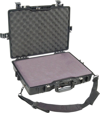 The 1495 Protector Laptop Case features a crushproof design, egg-crate foam interior, secure latches, open lid, and adjustable shoulder strap to keep your gear protected and easy to carry.