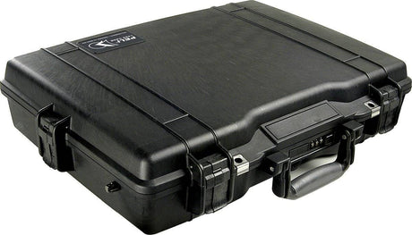 The 1495CC1 Protector Laptop Case is a closed black case with reinforced edges, handle, and combination locks, offering a crushproof and watertight solution for secure laptop transport.