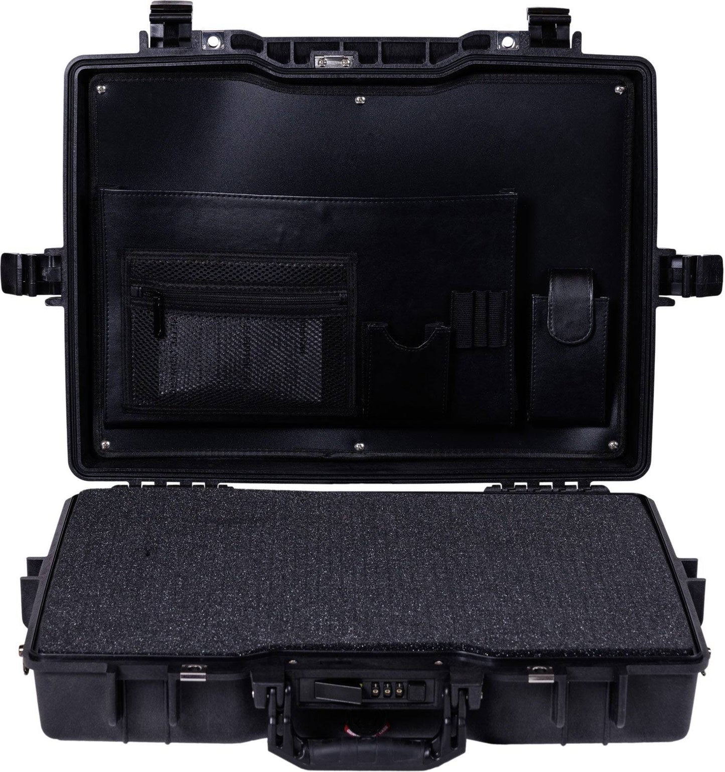The black 1495CC1 Protector Laptop Case is open, showing a foam-lined bottom and inner lid with mesh and leather pockets, offering crushproof protection and organized storage for your essentials.