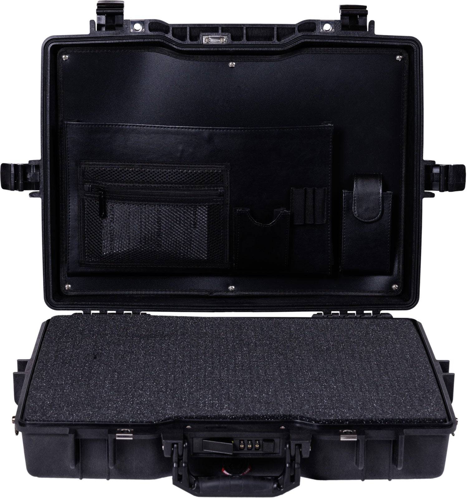 The black 1495CC1 Protector Laptop Case is open, showing a foam-lined bottom and inner lid with mesh and leather pockets, offering crushproof protection and organized storage for your essentials.