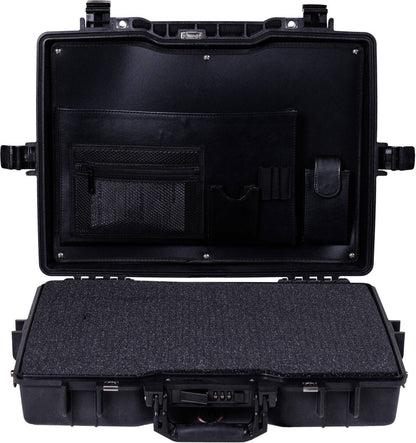 The black 1495CC1 Protector Laptop Case is open, showing a foam-lined bottom and inner lid with mesh and leather pockets, offering crushproof protection and organized storage for your essentials.