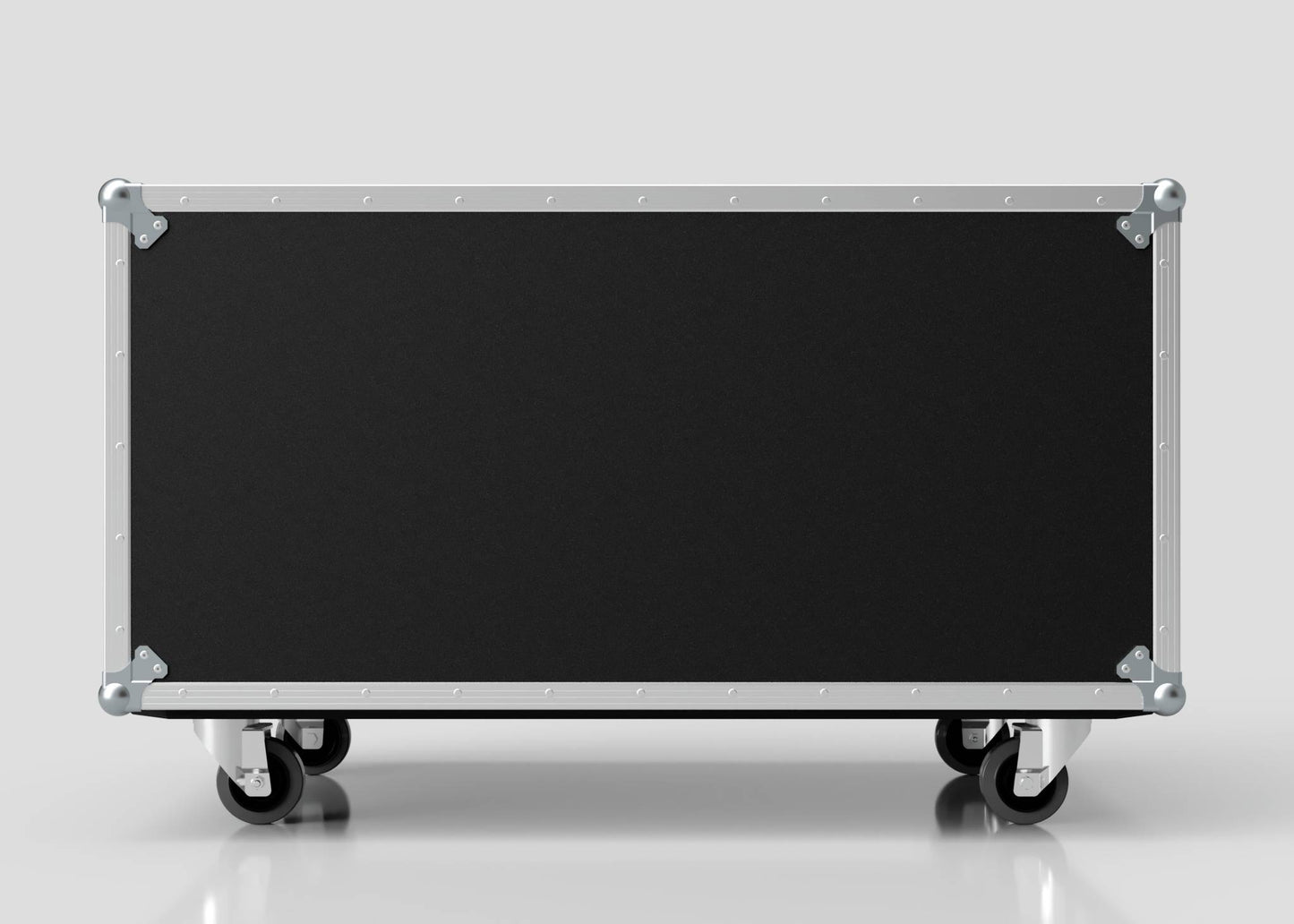 The 14U Double Bay Rack Case is a large black rectangular equipment case with metallic edges and four caster wheels, shown against a plain light gray background.