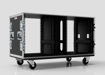The 14U Double Bay Rack Case is a large, black, wheeled rackmount case with metal reinforcement, open front and back, and recessed side handles, shown against a plain background.
