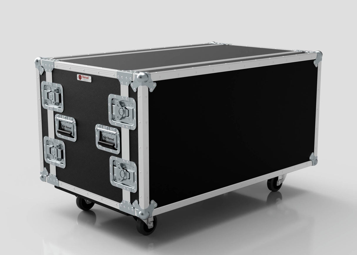 The 14U Double Bay Rack Case is a large black equipment case with metal reinforcements, latches, handles, and wheels, displayed on a plain light background.