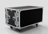 The 14U Double Bay Rack Case is a large black equipment case with metal reinforcements, latches, handles, and wheels, displayed on a plain light background.