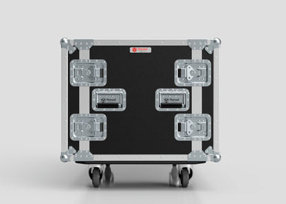 The 14U Double Bay Rack Case, in black and silver with metal reinforcements, four latches, and wheels, is shown against a plain gray background.