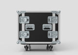 A 14U Double Bay Rack Case in black and silver with metal-reinforced corners, latches, handles, and wheels is shown against a plain light gray background.