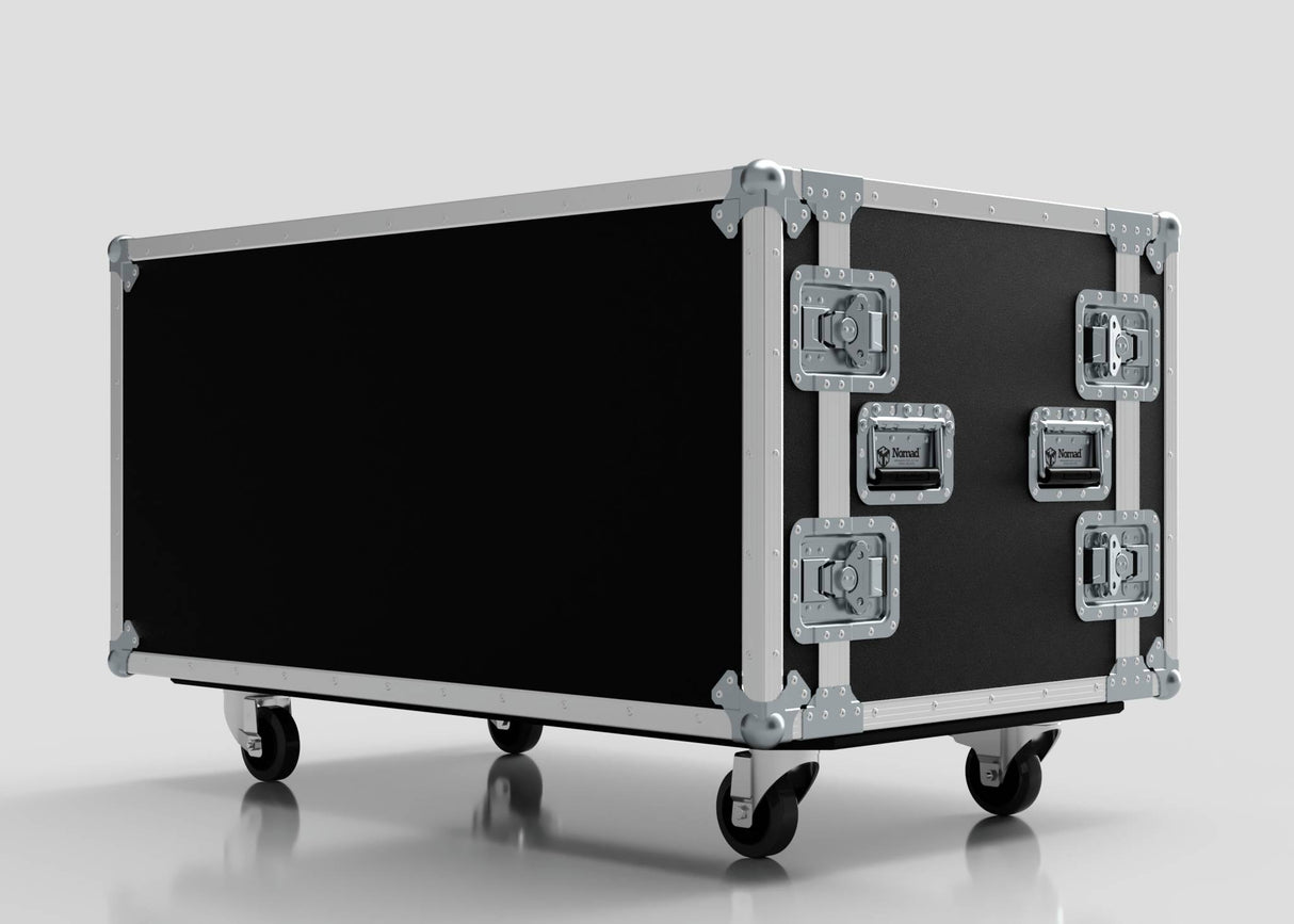 The 14U Double Bay Rack Case is a large black case with metal edges, two side handles, and four caster wheels, shown against a plain white background.