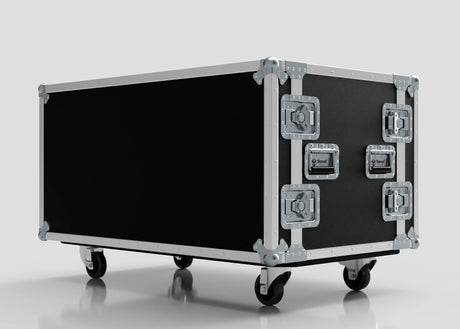 The 14U Double Bay Rack Case is a large black case with metal edges, two side handles, and four caster wheels, shown against a plain white background.