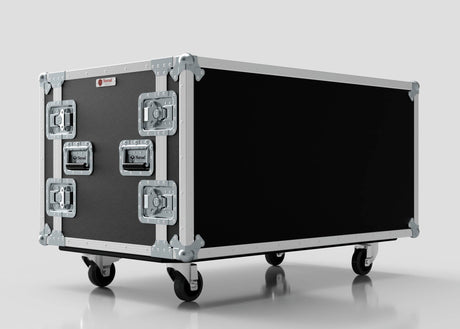 The 14U Double Bay Rack Case, a large black flight case with metal edges, reinforced corners, handles, latches, and four caster wheels, is pictured on a plain white background.