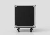 A 14U Foam Shock Mounted 19" Rack Case made of black European birch plywood with metal edges and corner protectors, shown front-facing on four wheels against a plain background.