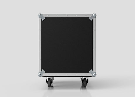 A 14U Foam Shock Mounted 19" Rack Case made of black European birch plywood with metal edges and corner protectors, shown front-facing on four wheels against a plain background.