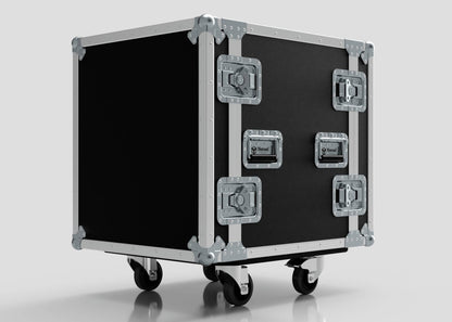 The 14U Foam Shock Mounted 19" Rack Case, in black and silver European birch plywood, features metal corners, latches, handles, four caster wheels, and internal rack strips for secure mounting.