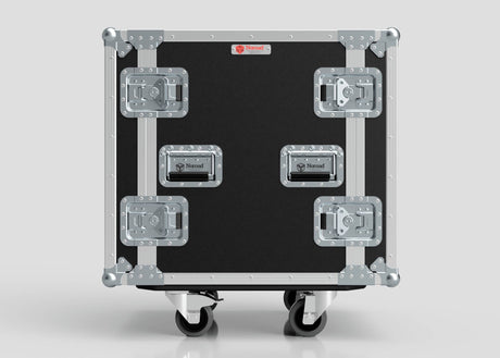 The 14U Foam Shock Mounted 19" Rack Case, shown on a plain grey background, features a black and silver design with metal reinforced corners, handles, latches, wheels for mobility, and built-in rack strips.