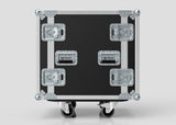 A 14U Foam Shock Mounted 19" Rack Case in black and silver European birch plywood, featuring four metal latches and handles, is mounted on caster wheels and set against a plain light background.