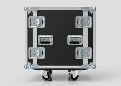 A 14U Foam Shock Mounted 19" Rack Case in black and silver European birch plywood, featuring four metal latches and handles, is mounted on caster wheels and set against a plain light background.