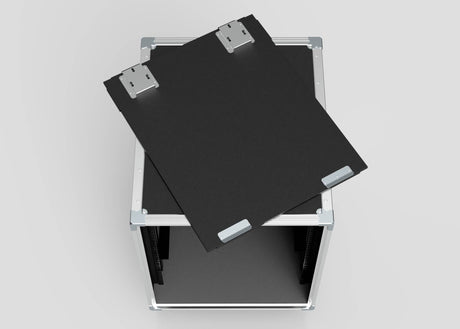 The 14U Slam Rack Case, a black rectangular case with a removable lid, metal hinges, and latches, is displayed on a light background, highlighting its external dimensions: 643 x 561 x 826 mm.