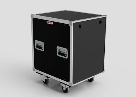 The 14U Slam Rack Case, shown against a plain background, is a black equipment flight case with metal edges, side handles, four caster wheels, and external dimensions of 643 x 561 x 826 mm.