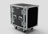 The 14U Standard Rack Case, a spacious black and silver UK-made unit with metal reinforcements, handles, latches, and four caster wheels, is shown on a light reflective surface.