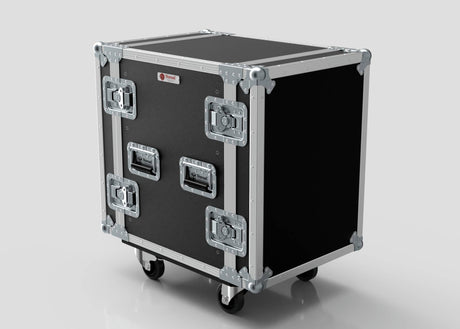 The 14U Standard Rack Case, a spacious black and silver UK-made unit with metal reinforcements, handles, latches, and four caster wheels, is shown on a light reflective surface.