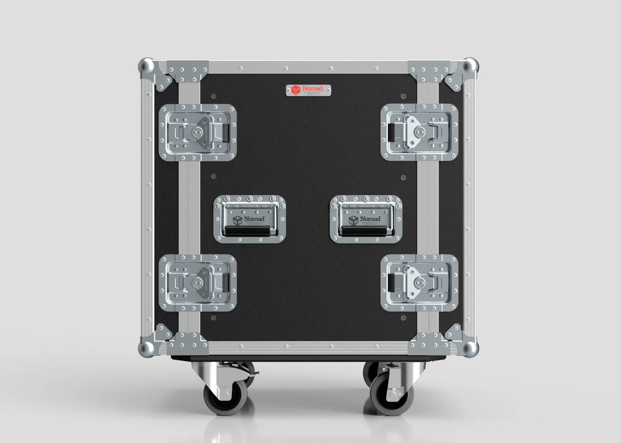The 14U Standard Rack Case is a black and silver rack mount case featuring birch plywood construction, metal reinforcements, handles, latches, and wheels, shown against a plain light background.