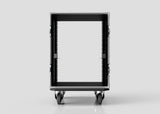 The 14U Standard Rack Case, a black open-frame rack made in the UK with four caster wheels, is shown from the front against a plain gray background.