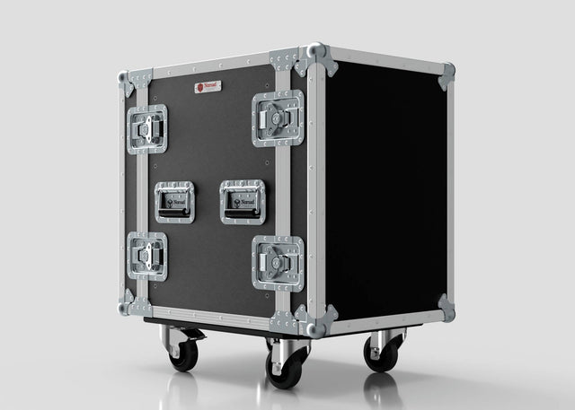 The 14U Standard Rack Case is a black and silver UK-made rack mount case with reinforced metal corners, four latches, and two handles, shown on a white background.