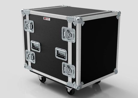 The 14U Suspended Shock Mounted Rack Case is a black and silver hard case on wheels with metal edges, handles, and latches. It features shock-mounted racks to protect equipment during transport.