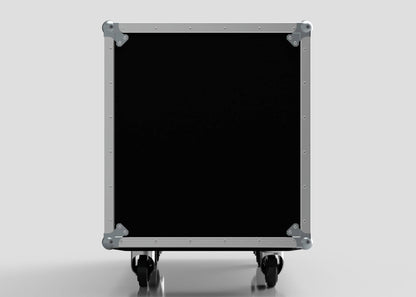 A front view of the 14U Suspended Shock Mounted Rack Case: a black rectangular case made from European birch plywood, featuring silver metal reinforcements and casters, set against a plain light background.