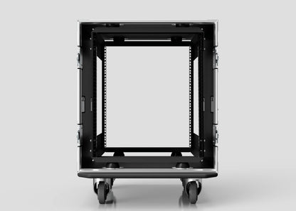 Front view of an empty 14U Suspended Shock Mounted Rack Case, black metal, on wheels with anti-vibration mounts, displayed against a plain light gray background.