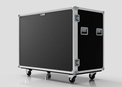 The 15 Way Euro Crate Case, a large black road case with metal edges, handles, and high load capacity, stands on four caster wheels against a plain background.