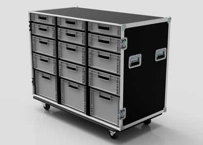 The 15 Way Euro Crate Case is a large black and silver rolling storage case with metal edges, multiple pull-out drawers, handles, caster wheels, and high load capacity for effortless transport of your items.