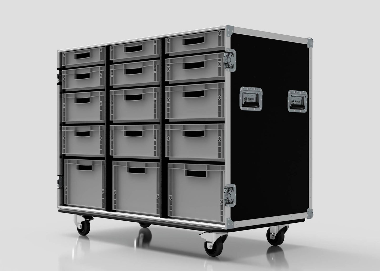 The 15 Way Euro Crate Case is a black and gray mobile cabinet with 12 drawers, food grade polypropylene construction, metal side handles, and four caster wheels for high load capacity—perfect for storing Euro crates.