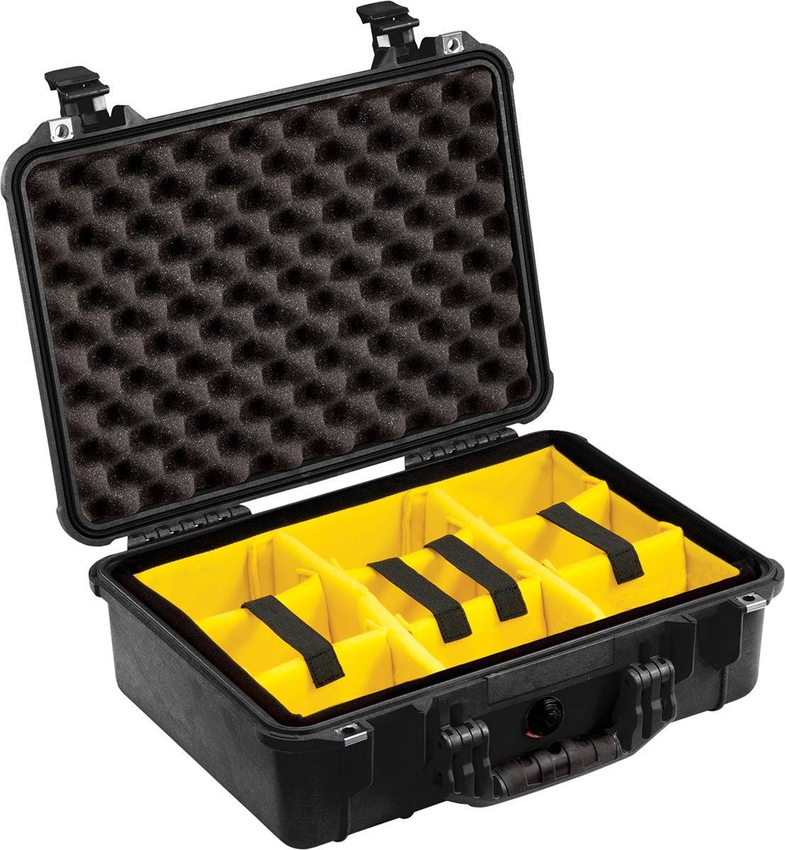 The black 1500EU Protector Case features lid foam, yellow base dividers, and holds black straps securely. This watertight case provides reliable gear storage and is ideal as a protective equipment case.