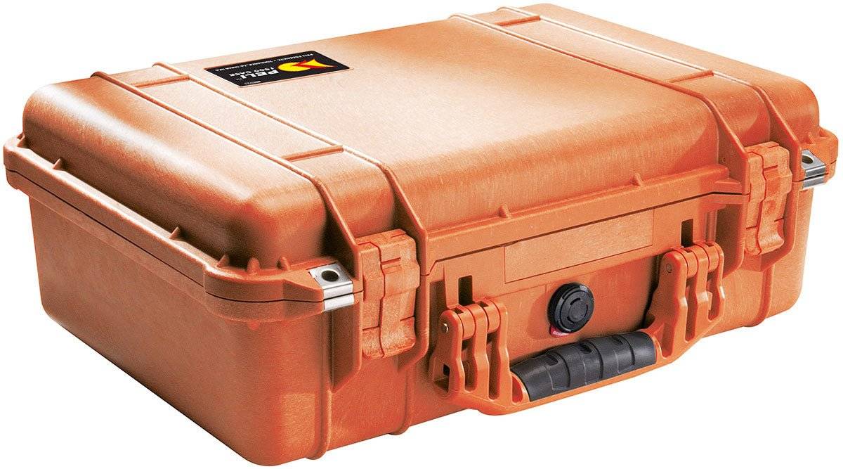 The 1500EU Protector Case is a sturdy orange PELI case with a black handle, secure latches, and a small lid label—ideal as a watertight case for protective equipment.