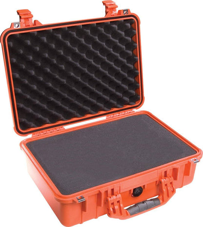 An open orange 1500EU Protector Case with foam padding inside, designed for protecting and transporting sensitive equipment.