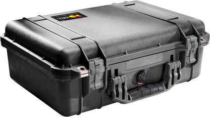 The 1500EU Protector Case is a black, hard-shell PELI case with secure latches, a front handle, and a small top-corner label—perfect as a watertight solution for protecting your equipment.