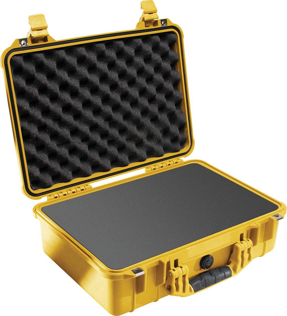 The 1500EU Protector Case is a yellow hard plastic case with an open lid, black egg crate foam in the top, and an empty bottom compartment—perfect for protecting your equipment.