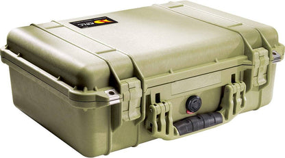 The 1500EU Protector Case is a sturdy olive green case with secure latches, a black handle, and a small top-corner label—ideal as a reliable watertight case for all your protective equipment needs.