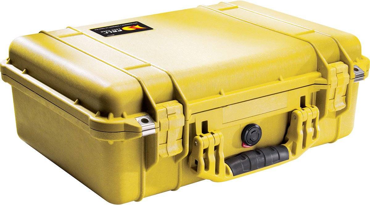 The 1500EU Protector Case is a yellow PELI case with secure latches, a black handle, and a corner label, making it an ideal watertight solution for protecting equipment.