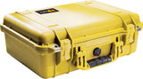 The 1500EU Protector Case is a yellow PELI case with secure latches, a black handle, and a corner label, making it an ideal watertight solution for protecting equipment.