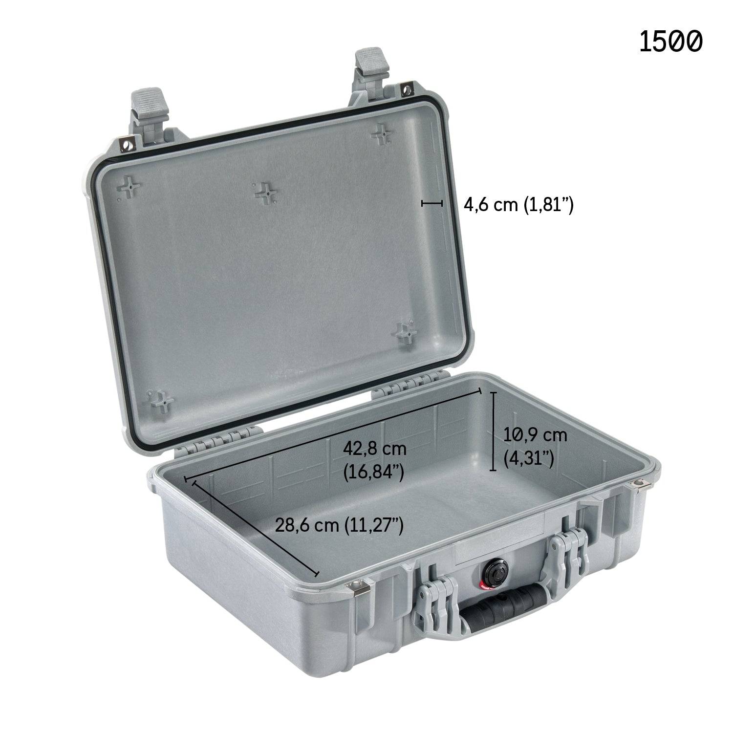 Open gray 1500EU Protector Case with inner dimensions 42.8 x 28.6 x 10.9 cm, lid height 4.6 cm; model number displayed in the top right corner of this durable, watertight PELI case.